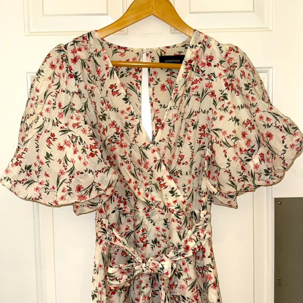 MINKPINK Cream Floral Wrap Midi Dress with Pink & Green Accents - Picture 5 of 12